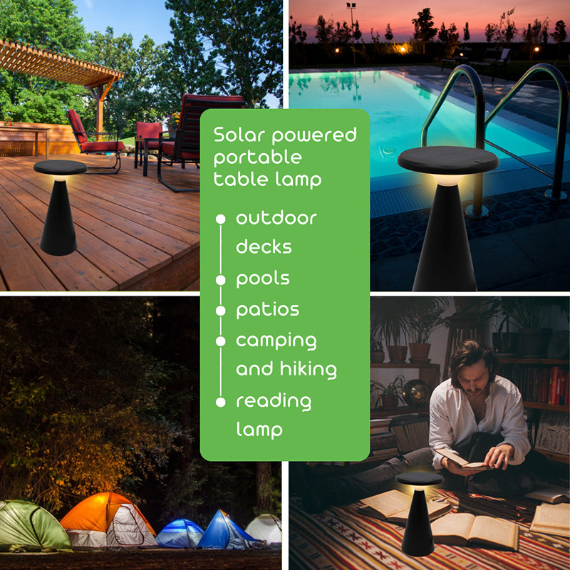 Collage of solar-powered portable table lamp in various settings with text detailing its uses.