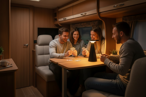 Four people playing cards in an RV using a solar lantern to light the way