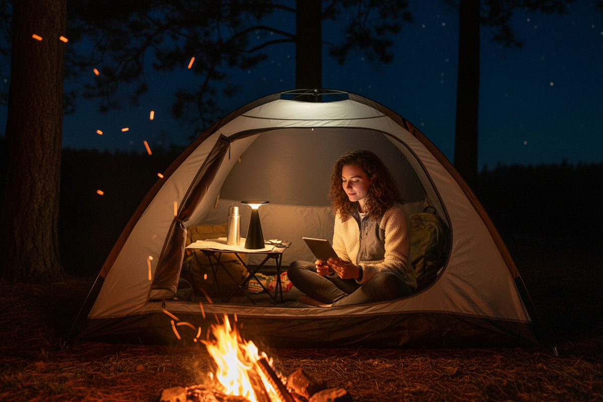 woman inside a tent by a campfire and solar light in the woods at night